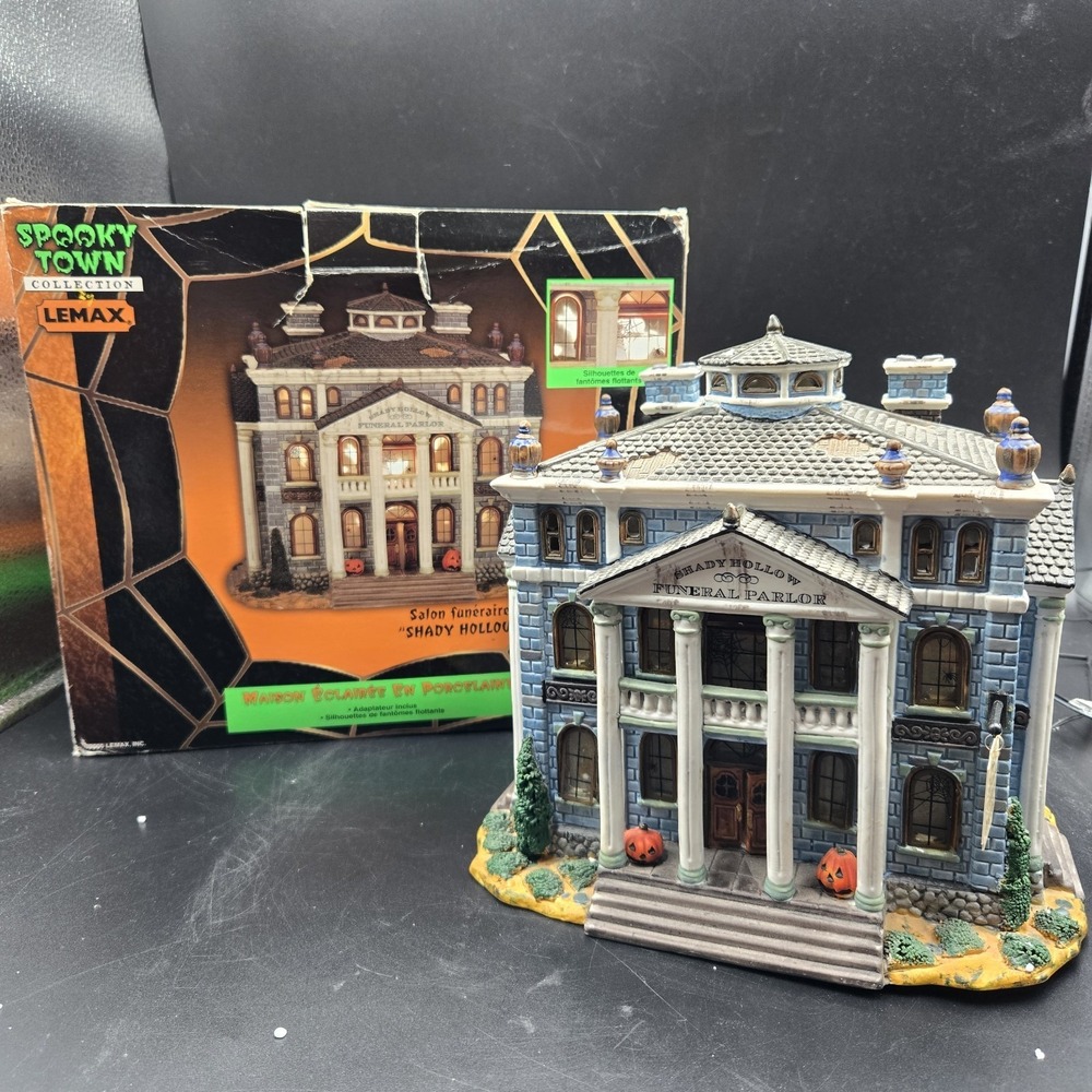 Vtg Lemax Spooky Town Shady Hollow Funeral Parlor Retired Halloween Lighted Hous